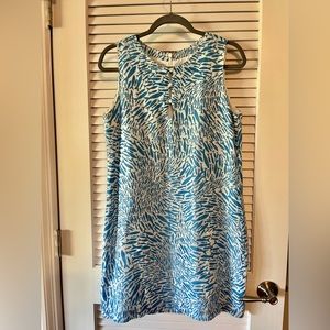 Island Company Castaway Linen Shift, white and blue fish print, Large, EUC, NICE